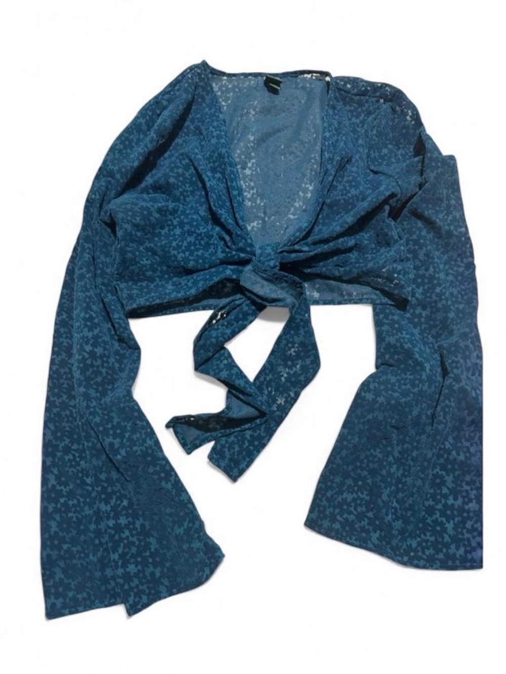 Tie-Front Sheer Shrug in Teal Blue